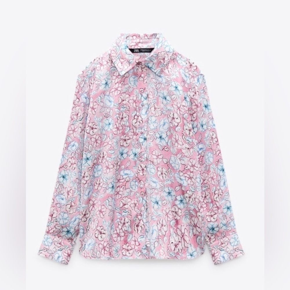 Zara Pink Blue Floral Button-Down ‘Satin’ Blouse Size Small Cottage Coastal - Picture 10 of 11